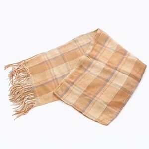 Neutral Plaid Fringe Scarf Wrap Tan Beige Cozy Fall Winter NEW